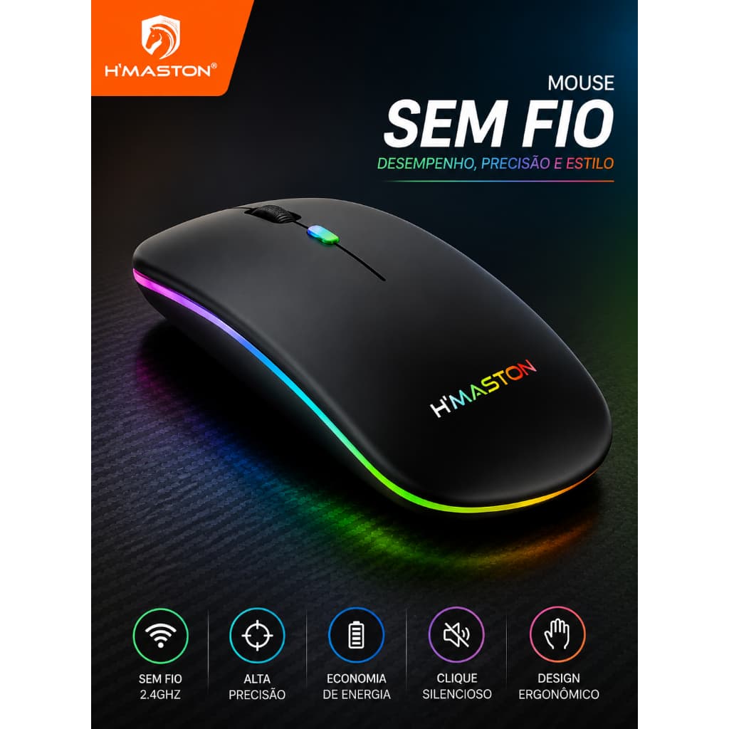Mouse Sem Fio Rgb Recarregável Wireless Bluetooth H'maston E-1300/E-1200 Led Ergonômico E Silencioso