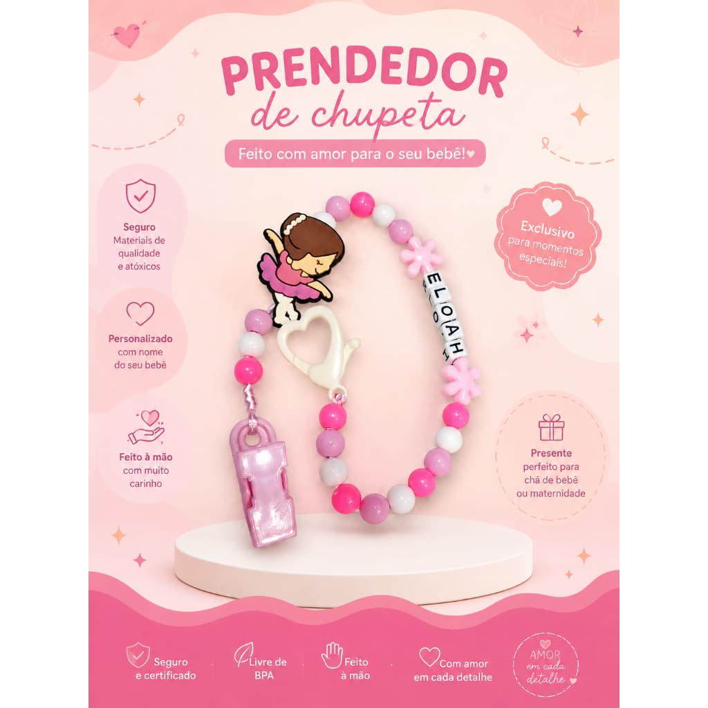 Prendedor de Chupeta Personalizado com Nome | Chupeta Bebê | Presente para menina e menino