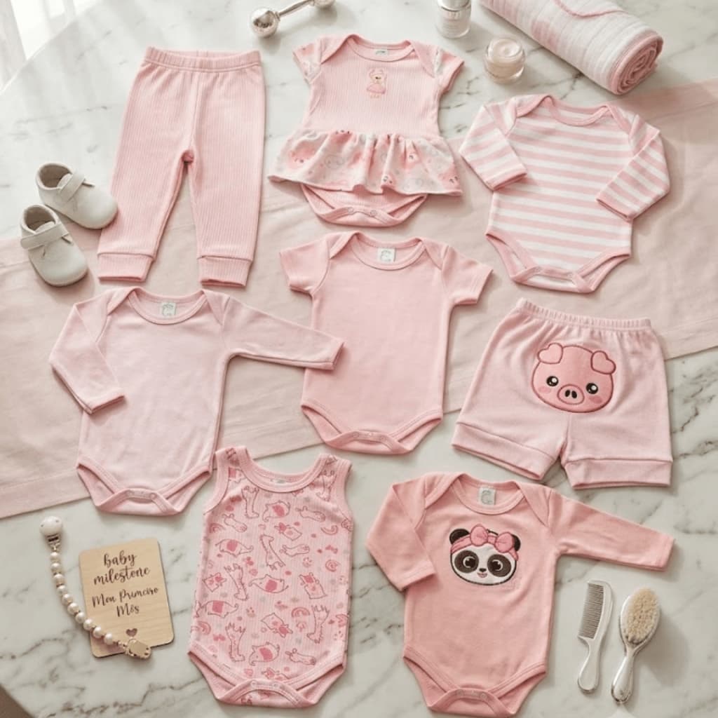 Kit Enxoval Bebê Menina 8 Peças Roupinhas Macias Recém Nascida para Maternidade e Chá Fraldas