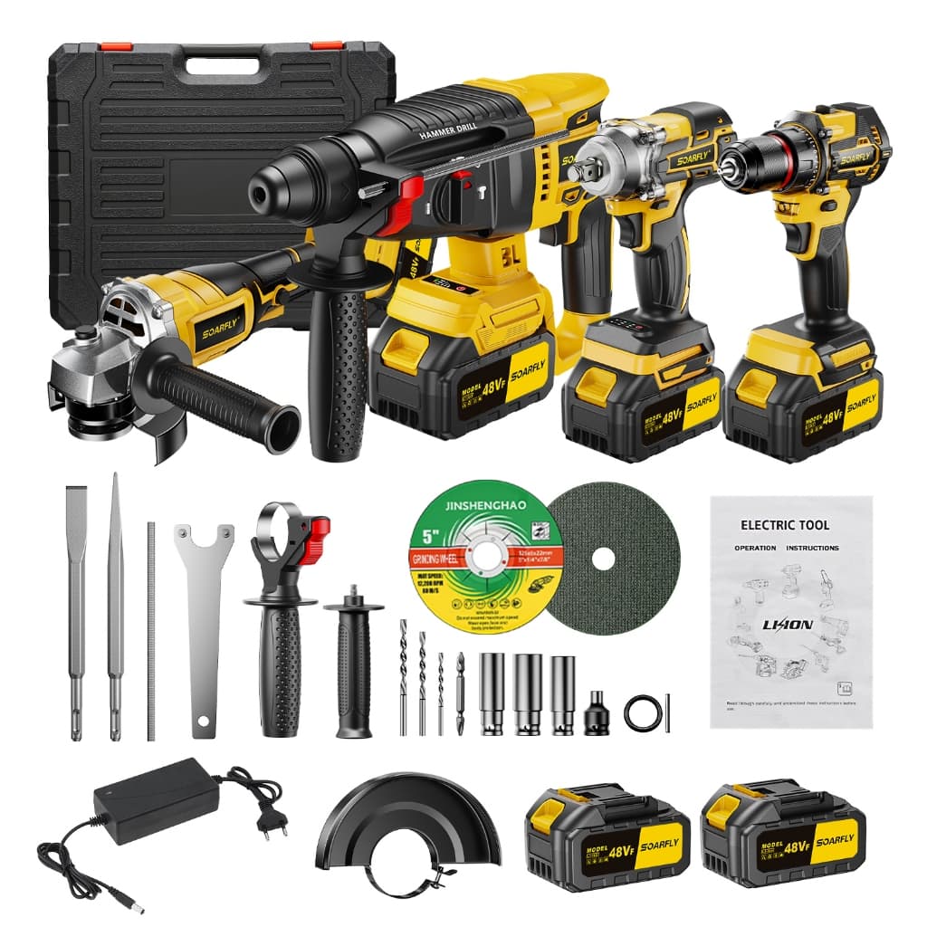 SOARFLY Kit 4em1 Ferramentas Martelete Esmerilhadeira Lixadeira Parafusadeira Chave Impacto 2 Baterias
