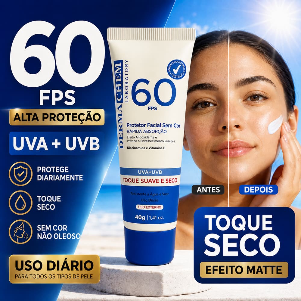 Protetor Solar Facial FPS 60 Sem Cor Toque Seco 40g - Proteção UVA+UVB, Resistente à Água Dermachem