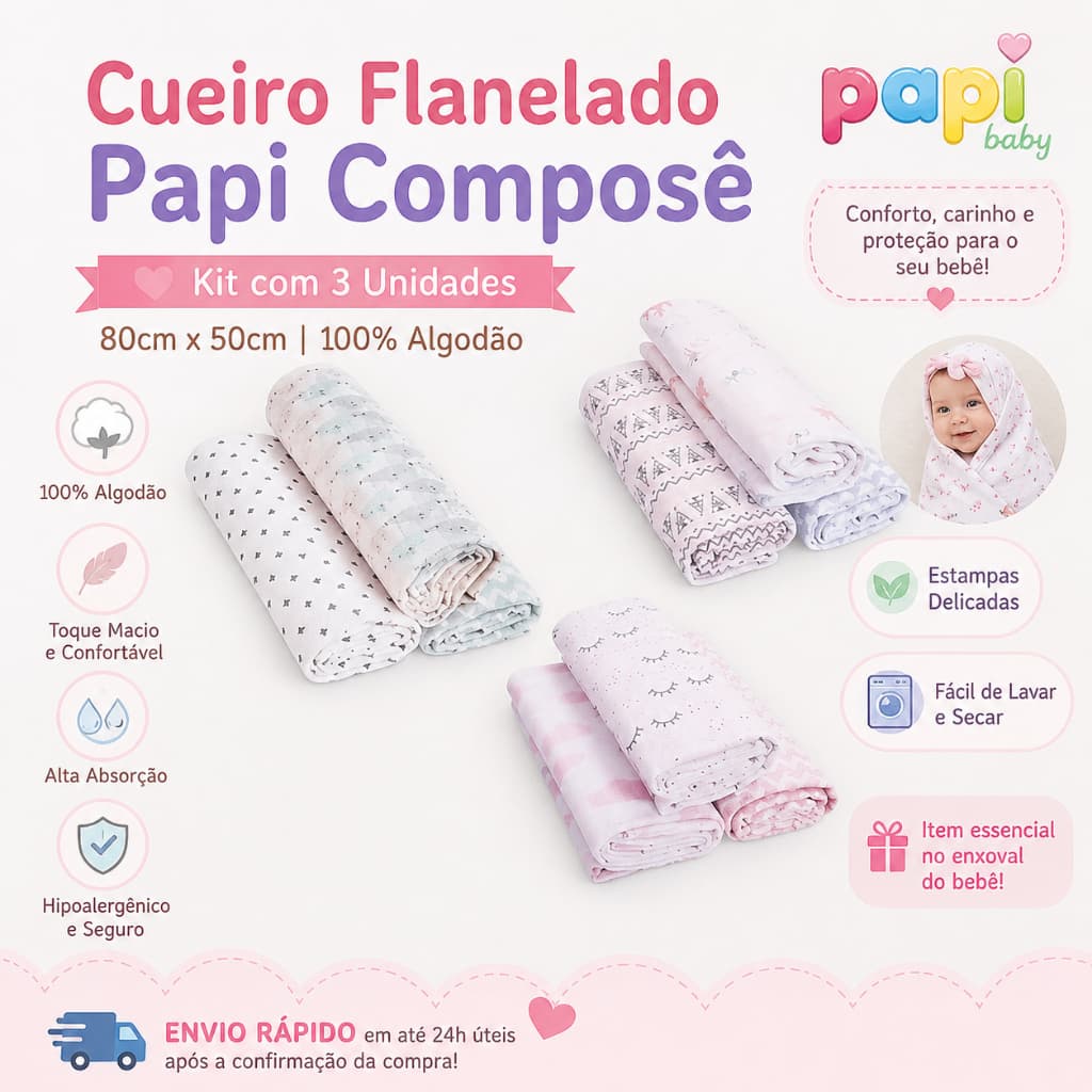 Kit 3 Cueiros Flanelados Papi Composê 80x50cm 100% Algodão Macio Enxoval Bebê