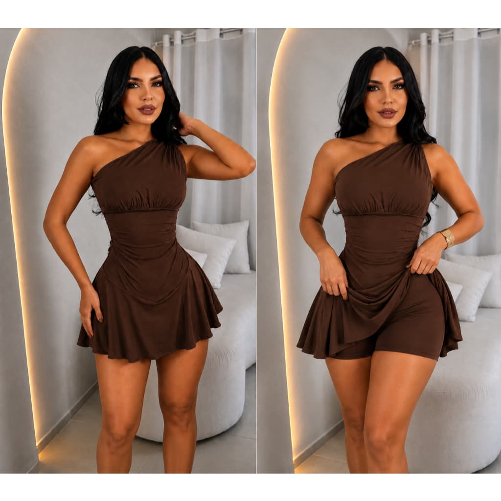 Vestido Curto Feminino com Short Embutido – Um Ombro Só, Suplex Premium, Festa e Balada, Tecido Suplex (París)