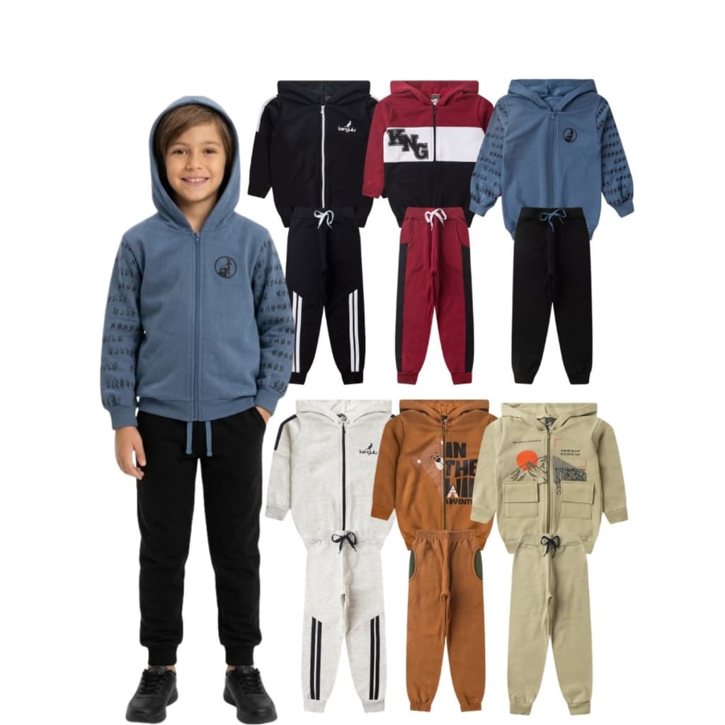Kit 6 Peças Conjunto Infantil Menino Moletom Peluciado Quentinho 3 Casacos + 3 Calças 1 ao 12 Anos