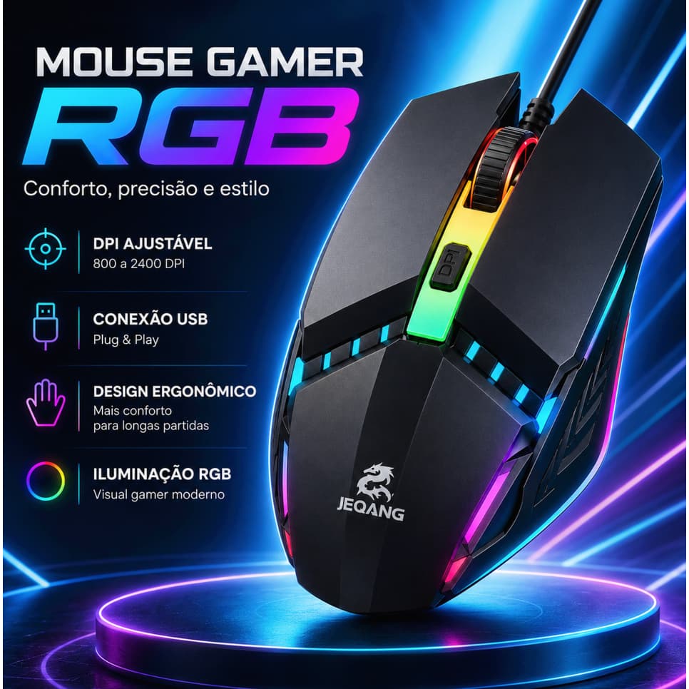 Mouse Gamer JEOANG JM-530 Preto, Silencioso RGB, USB DPI Ajustável PC Notebook