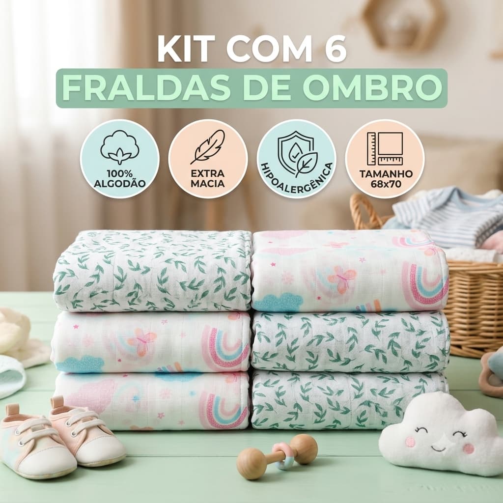 Kit 6 Fralda de Pano Estampada  com Bainha 100% Algodão enxoval Maternidade