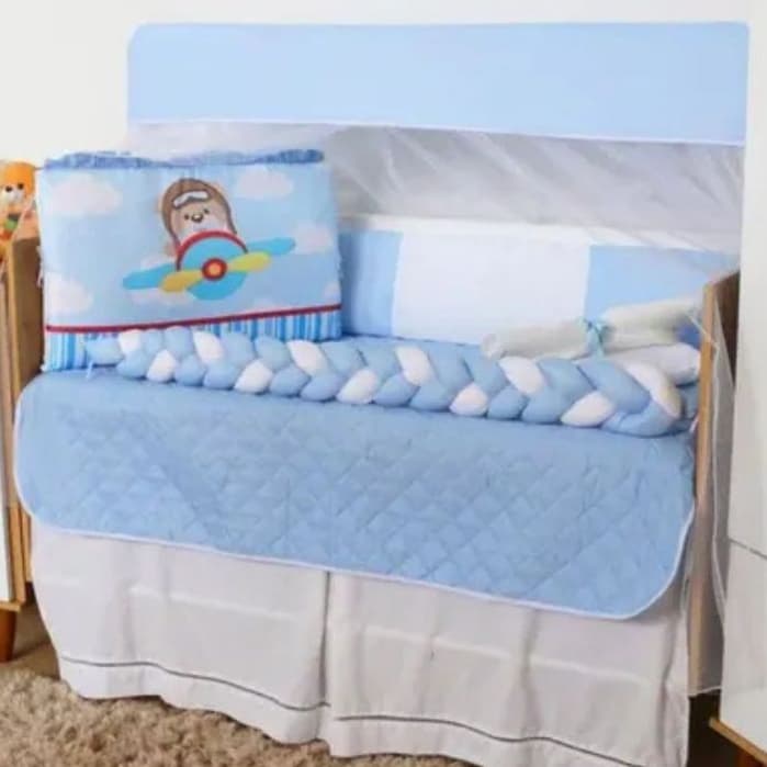Kit Berço Bebê Menino Aviador Azul Sublimado Trança Protetor Mosquiteiro Enxoval 10 Peças