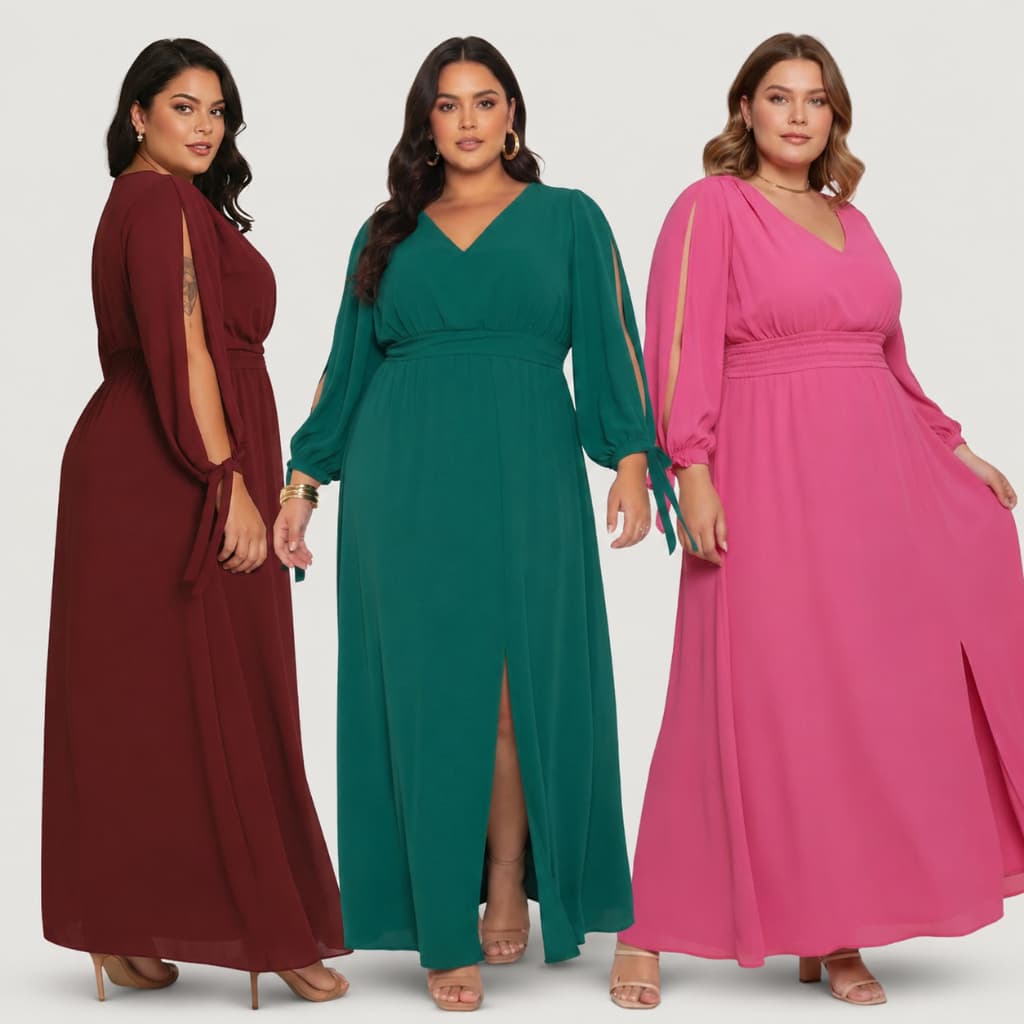 Vestido Longo Plus Size Social com Manga de Amarração, Fenda para Casamento, Igreja e Eventos Elegantes
