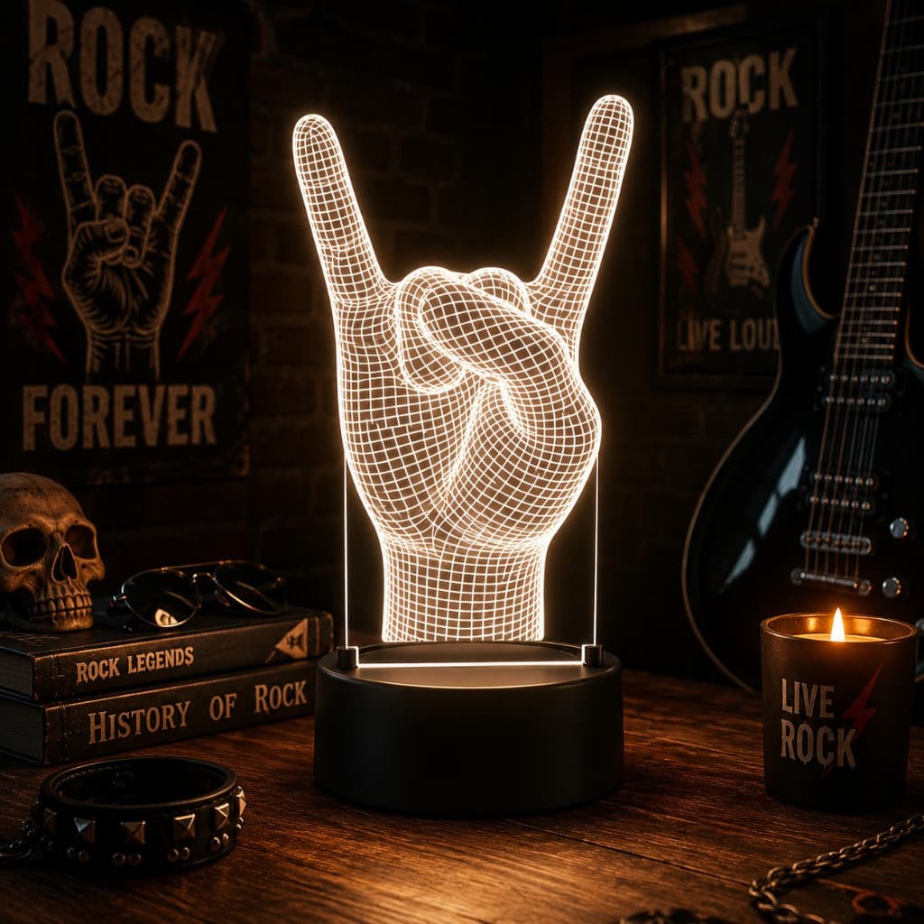 Luminária Led 3d | Rock Mão Símbolo | Abajur Presente Criativo Decoração Multicores