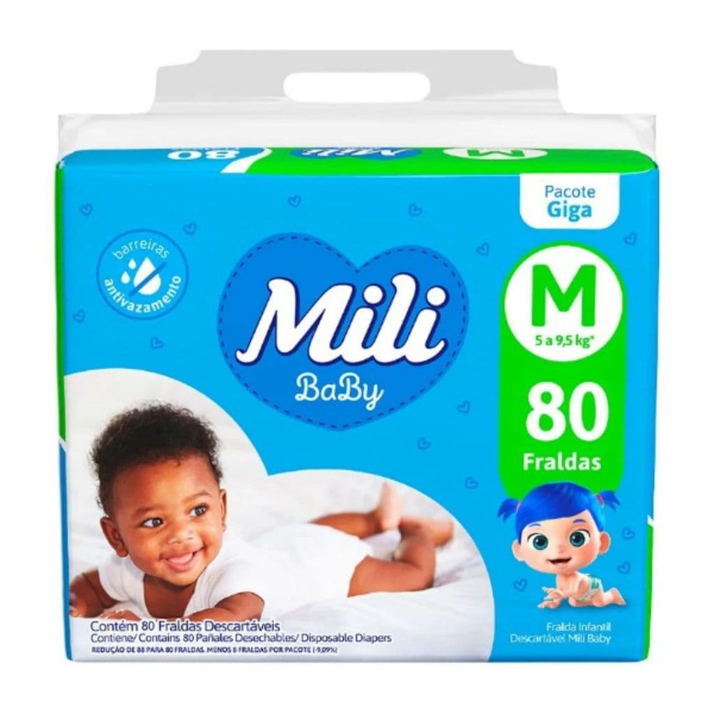 Fralda Descartável Infantil Bebê Mili Baby Giga Tamanho M Com 80 Fraldas