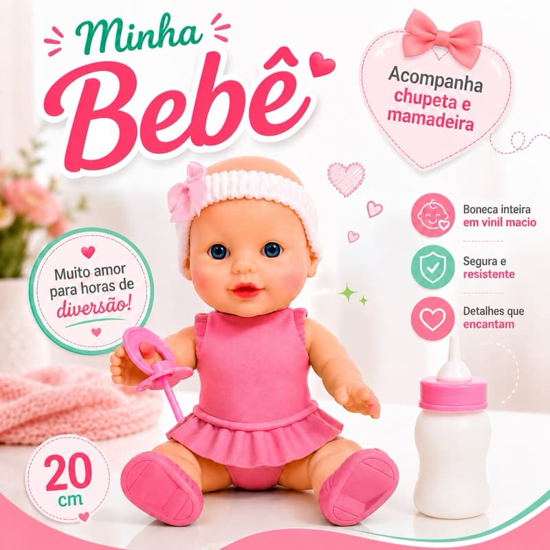 Boneca Bebê Elya em Vinil Rosa Macio 20cm com Chupeta e Mamadeira Infantil Brinquedo Educativo Presente para Meninas