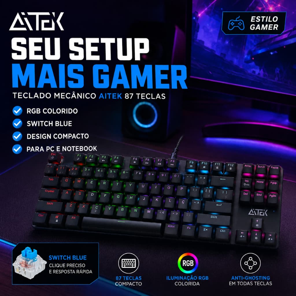 Teclado Mecânico Gamer AITEK AT-M8701 87 Teclas Switch Blue RGB USB Com Fio Para PC Notebook