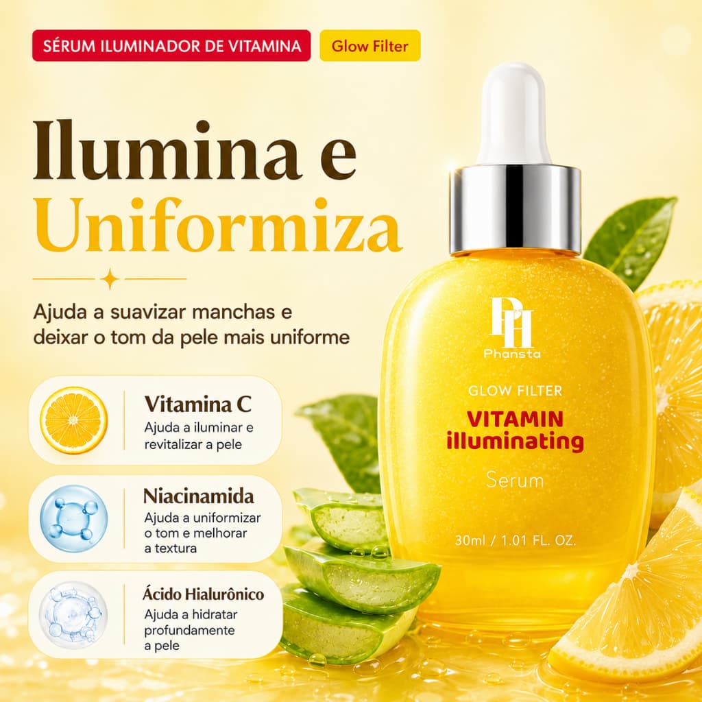 Sérum Facial Vitamina C 30ml Clareador Anti-manchas com Niacinamida e Ácido Hialurônico
