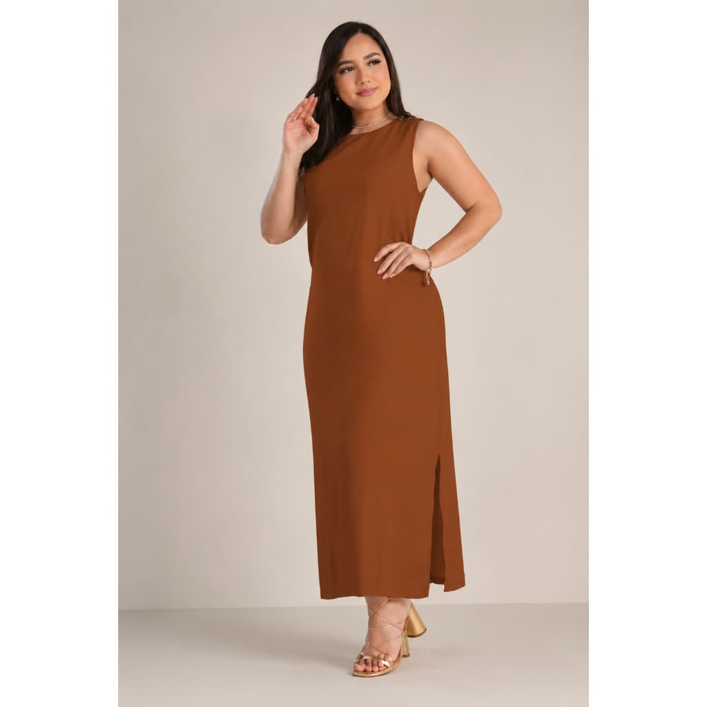Vestido Feminino Em Linho Elegante Forrado Alça Larga Com Fenda Moda Clássica Verão
