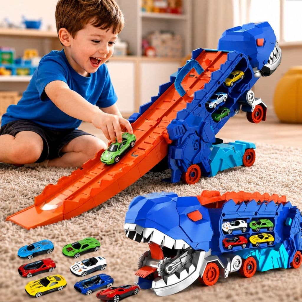 Caminhão De Engolir Dinossauro Transporte T-Rex Cegonha Pista Carrinhos 4 Carros