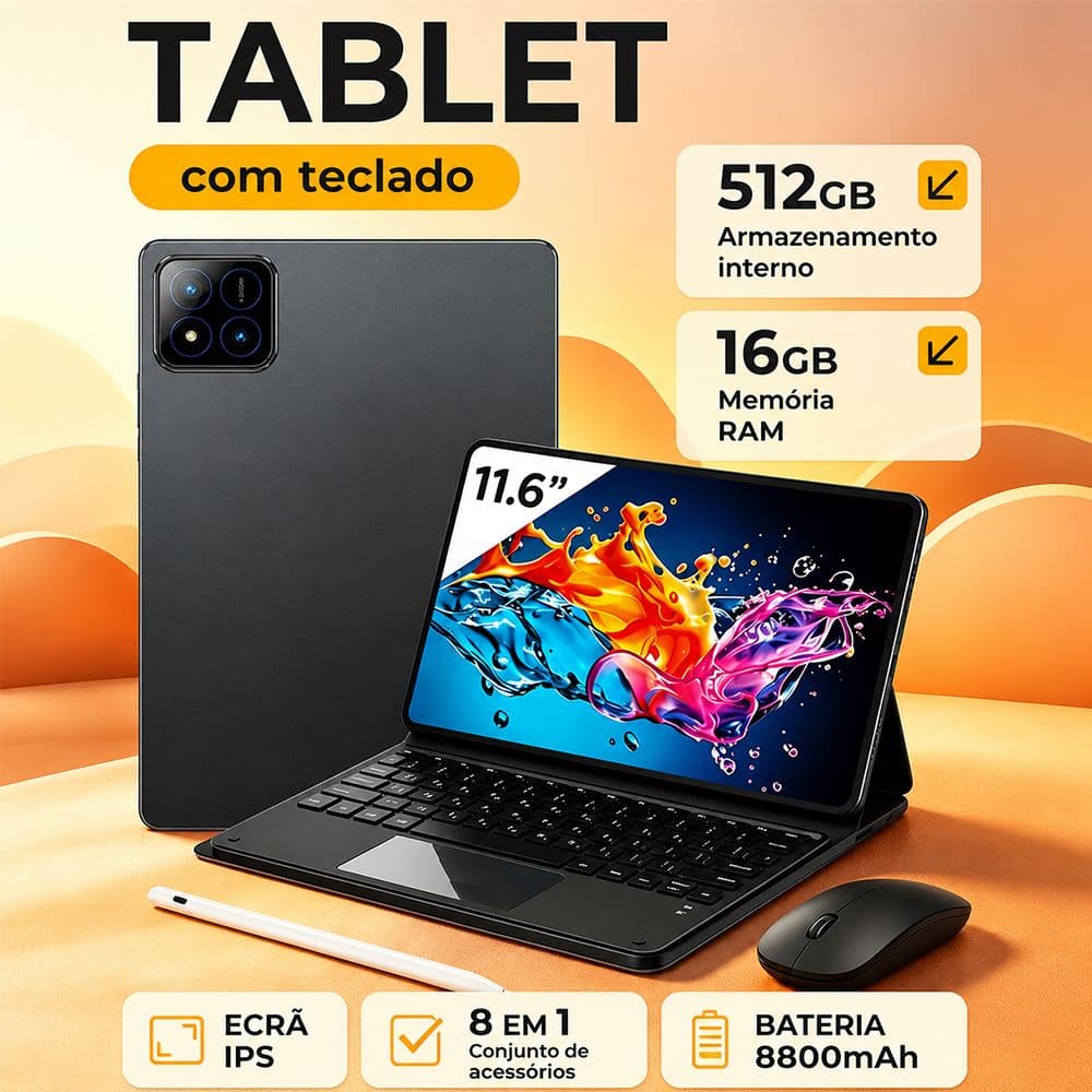 Tablet 16GB RAM +512GB HD 11.6 Polegadas Tela Grande PC pad Android Dual SIM Card Câmera 48MP e 22MP WIFI 5G 8800mAh