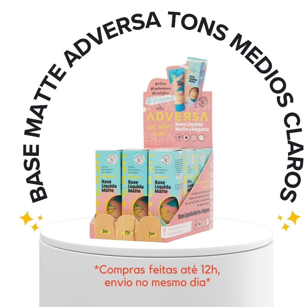 BASE LIQUIDA MATTE TONS MEDIOS CLAROS ADVERSA 25G BOA COBERTURA FAZ RENDER BASTANTE MAQUIAGEM