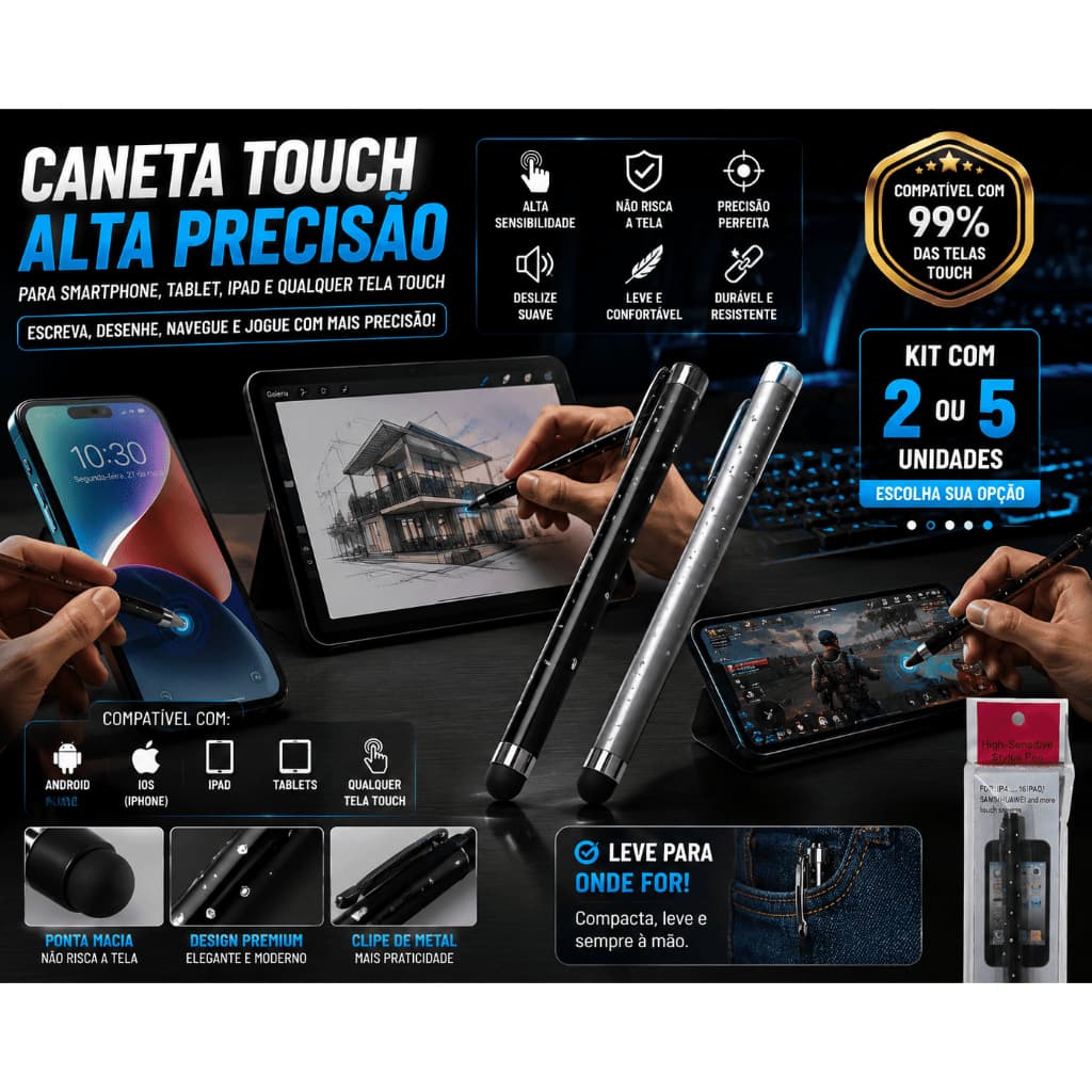 Caneta Touch Stylus Universal Alta Precisão Para Celular iPhone iPad Tablet Android Samsung Huawei Kit 2 ou 5 Unidades