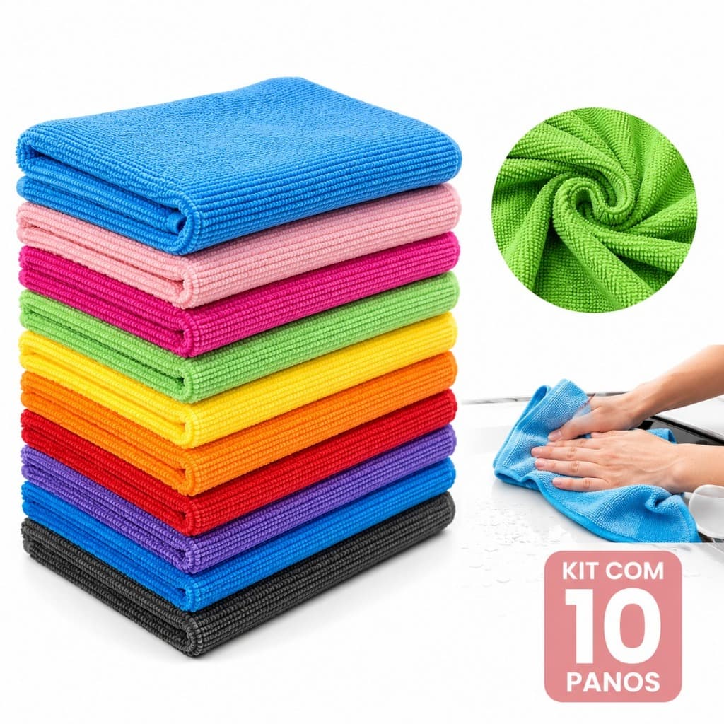 Kit 10 Panos Microfibra 50x30cm Multiuso Alta Absorção Casa Cozinha Carro Vidros Limpeza