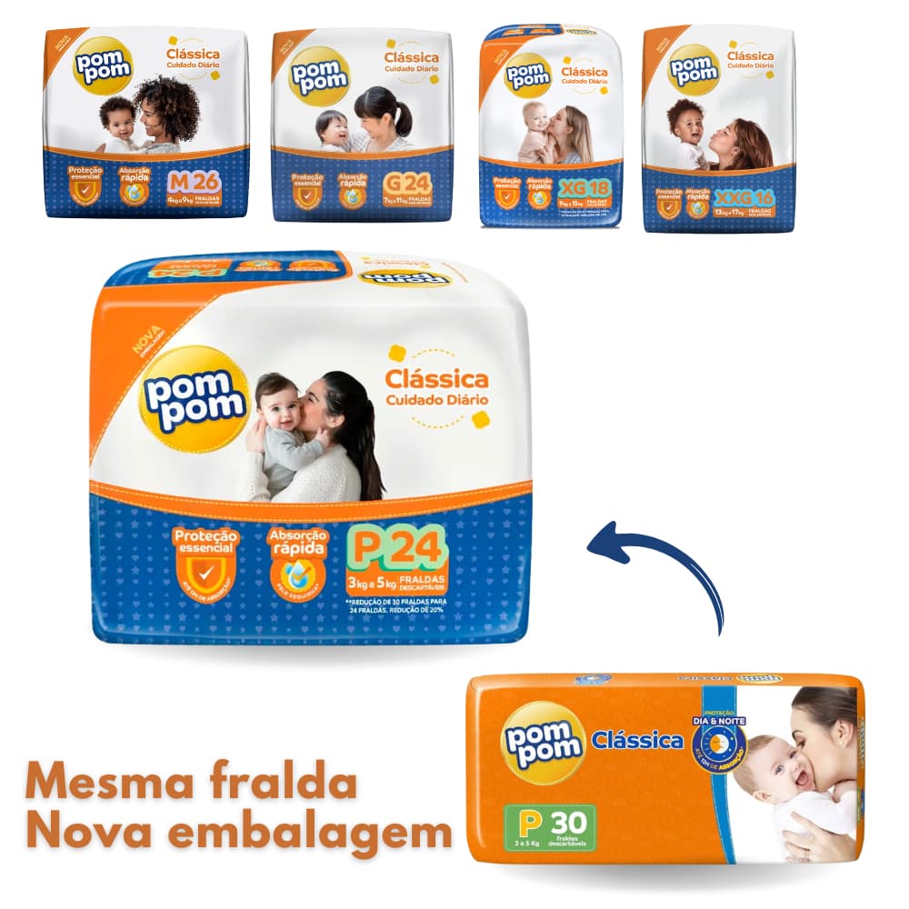 Fralda Descartável Pom Pom Clássica DIA E NOITE Tam:P / M / G / XG / XXG  ATACADO BARATO