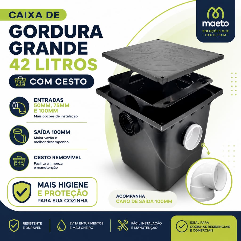 Caixa Coletora de Gordura Grande 42L 50mm 75mm 100mm Cozinha PVC Esgoto Retentor Resíduos com Sifão