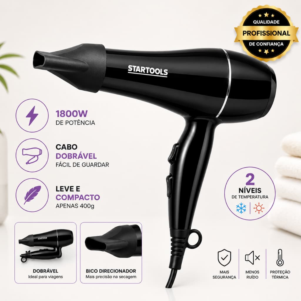 Secador de Cabelo Profissional 1800W Dobrável 127V Leve Compacto Preto