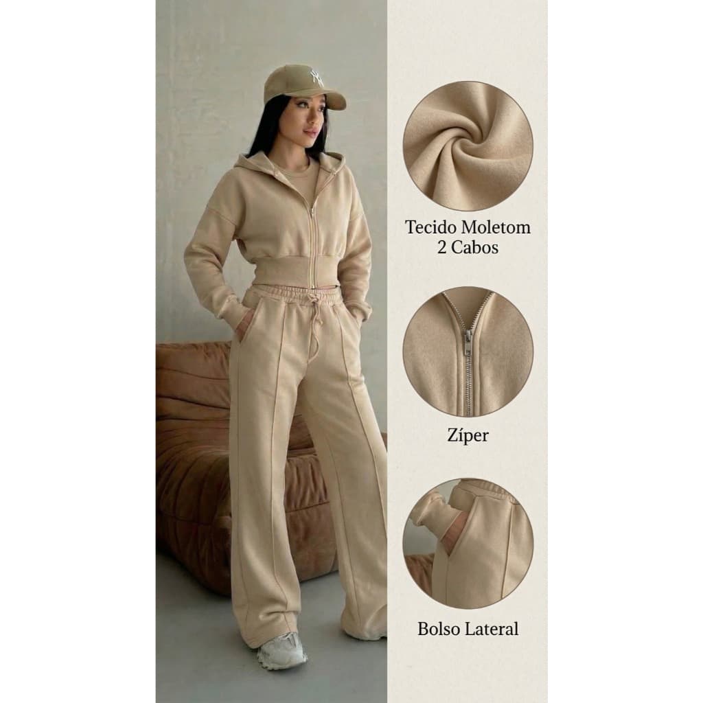 conjunto femenino Moletom calça cargo +capuz e zíper moda inverno top P-M-G
