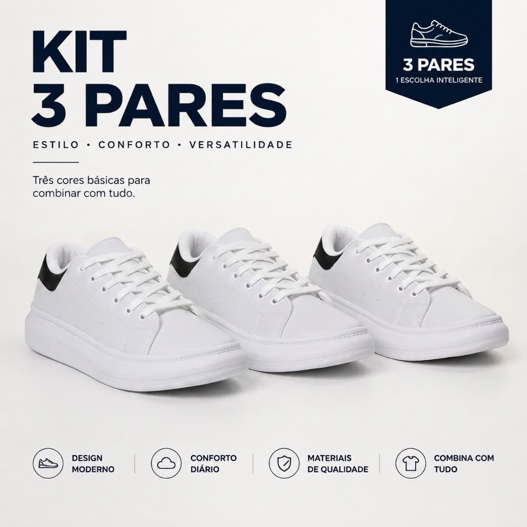 Kit 3 Pares Calçado Masculino Tênis Casual Sola Alta Confortável Macio Trabalho E Dia A Dia