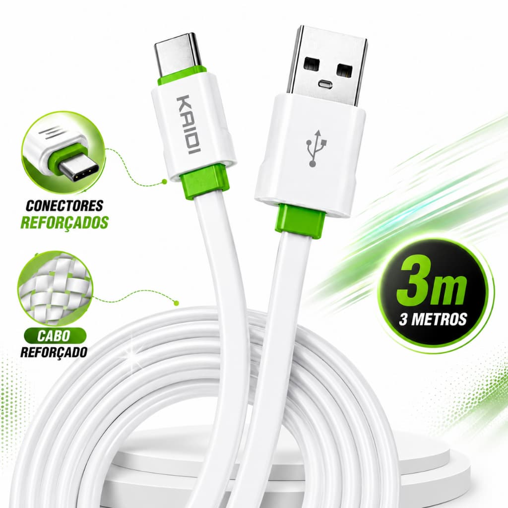 Cabo Carregador USB-C 3 Metros Carga Rápida e Dados USB-A Para iPhone ou Android
