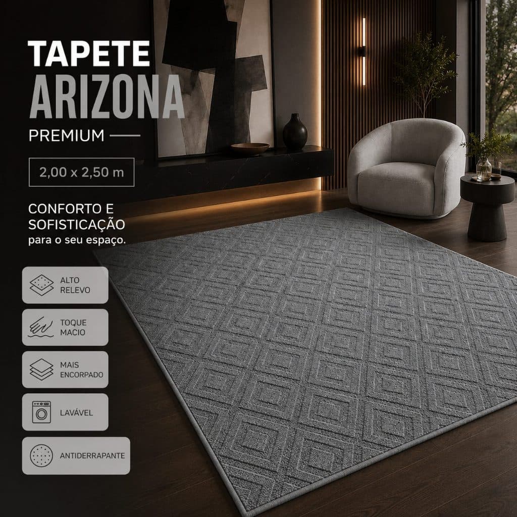 Tapete Sala 2,50x2,00 Geométrico Alto Relevo Premium Macio Antiderrapante Quarto Escritório Cinza