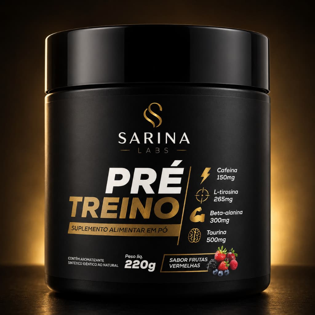 Pré Treino Suplemento em Pó 220g Cafeína L-Tirosina Beta-Alanina Taurina Sabor Frutas Vermelhas Sarina Labs