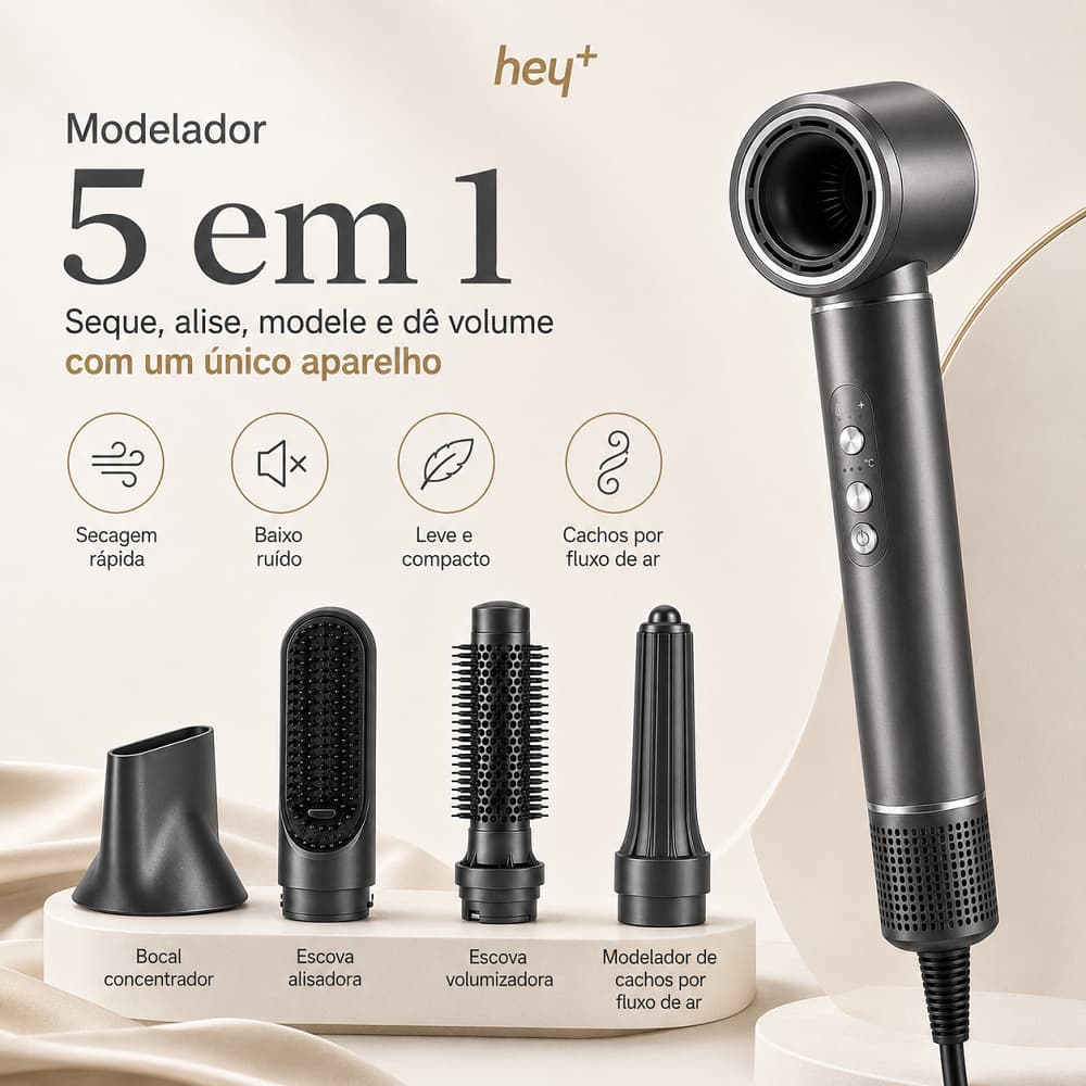 Conjunto Secador de Cabelo Profissional 5 em 1 1300W Iônico – Alta Velocidade com Bicos Trocáveis com Imã – Multifuncion