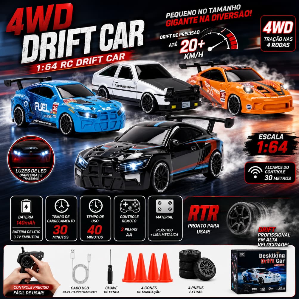 Mini carrinho de controle remoto 7cm 1/64 Drift recarregável leds Porsche Hotwheels BMW colecionável velozes e furiosos