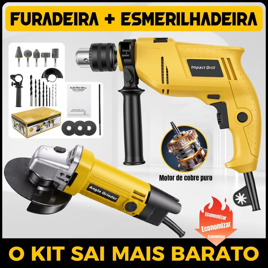 Combo Ferramentas Elétricas com Fio Parafusadeira e Esmerilhadeira 2 em 1 para Reforma e Oficina