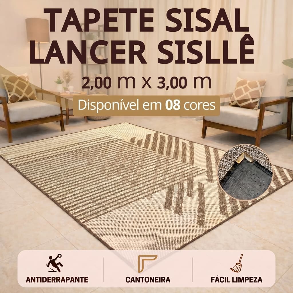 Tapete Sala 3,00 x 2,00m Sisal Antiderrapante Cantoneira Aço Cromado Durável Quarto Escritório Salão