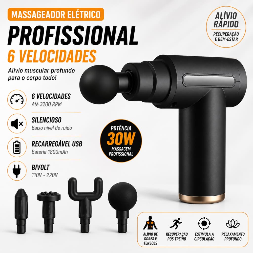 Massageador Elétrico Profissional Pistola de Massagem Muscular 6 Velocidades Recarregável Silencioso