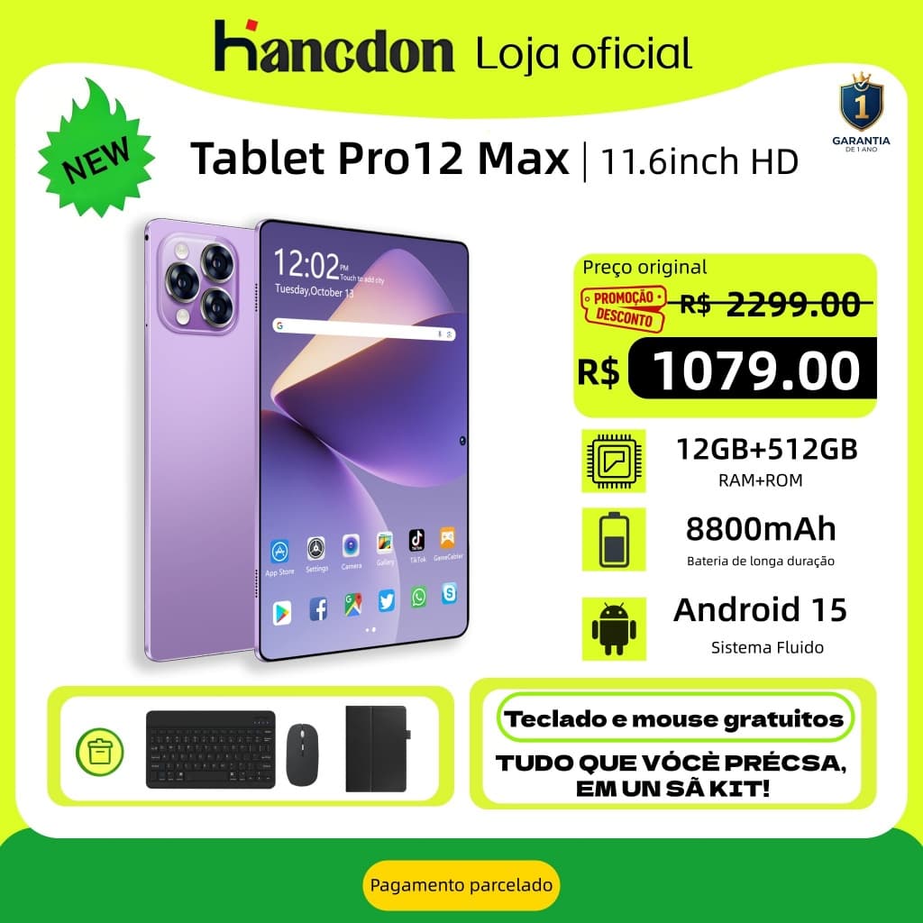 [Teclado e mouse grátis] Tablet Pro12 Max 11,6 polegadas, 12 GB + 512 GB, Android, bateria de 8.800 mAh, com garantia