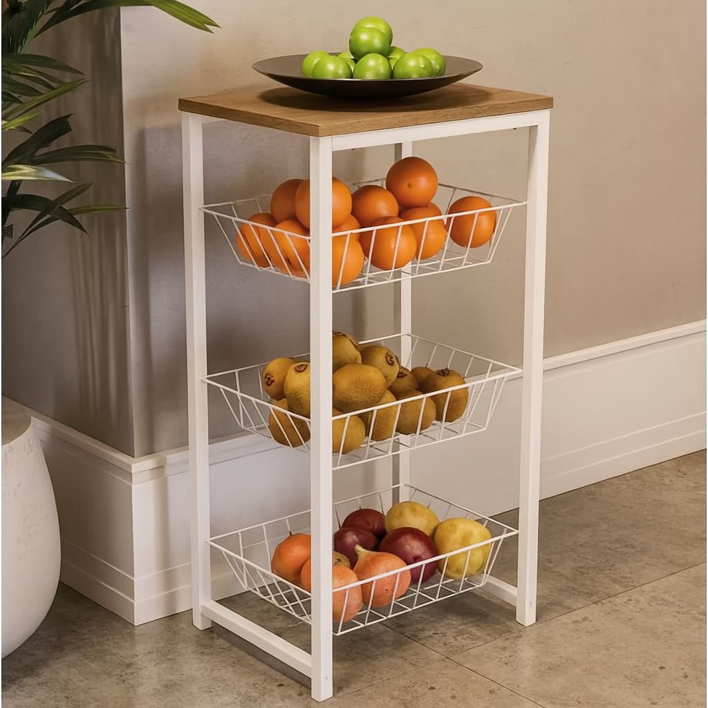 Fruteira Chão Cozinha Multiuso Suporte Organizador com 3 Cestos Removíveis De Aço Com Tampo Mdf