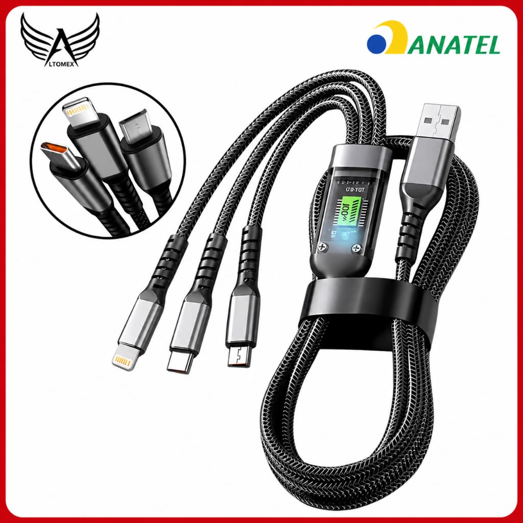 Cabo 3 em 1 Carregador Turbo 100W Tipo C Micro USB Lightning Carregamento Rápido