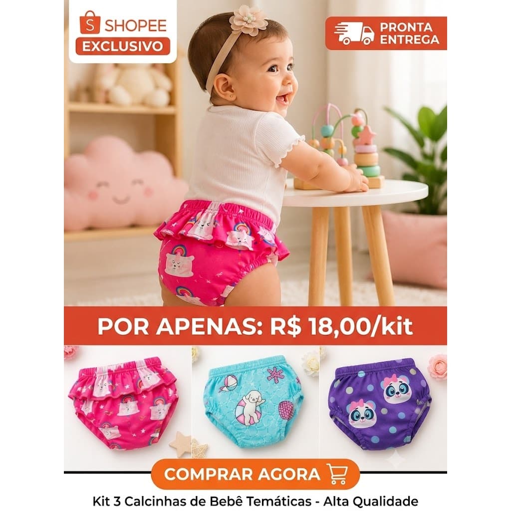 Kit 3 Tapa Fraldas Luxo Bebê Menina Babado Estampado, calcinha bunda rica, tapa fralda bunda rica,.