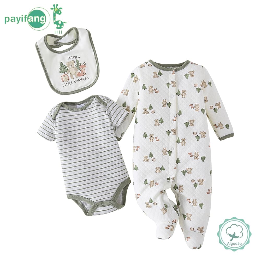 Payifang Kit Enxoval Bebê Unissex 0-9 Meses 100% Algodão Urso Floresta Listrado Mameluco com Pé Body e Babero