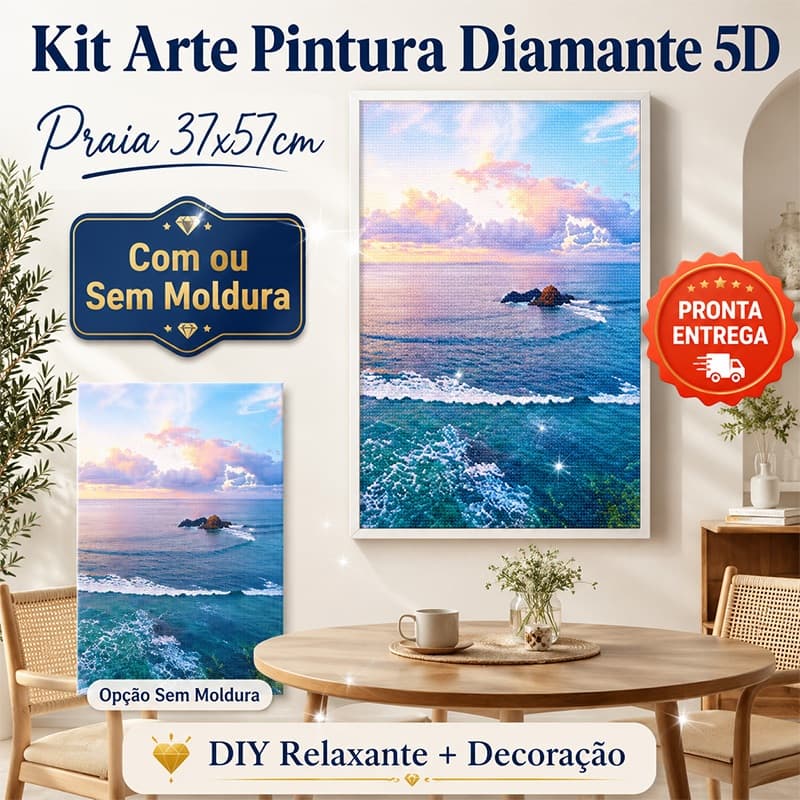 Quadro Pintura Diamante 5D Grande Paisagem Mar 37x57cm