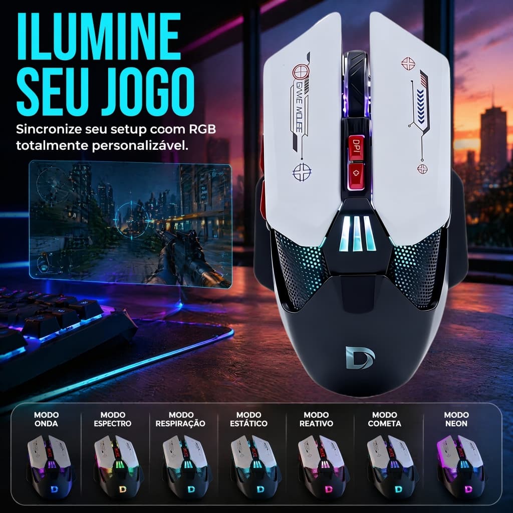 Mouse Gamer RGB 12000 DPI com 7 Botões Programáveis, USB – Compatível com PC e Notebook