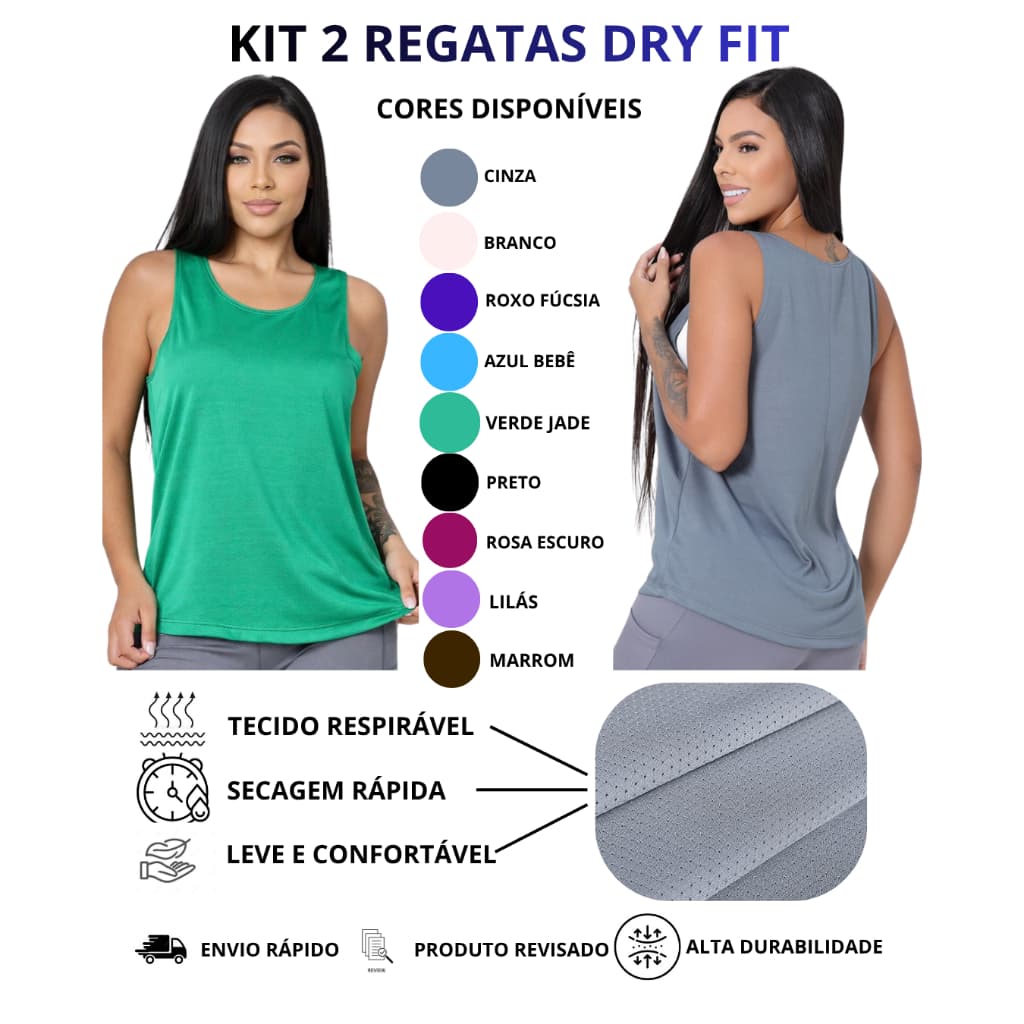 Kit 2 Regatas Feminina Dry Fit com Microperfurações Roupas Fitness para Academia, Treino e Esportes