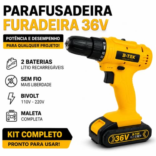 Parafusadeira Furadeira Sem Fio 36V 2 Baterias Lítio Maleta Kit Acessórios Carregador Bivolt Reversão Mandril