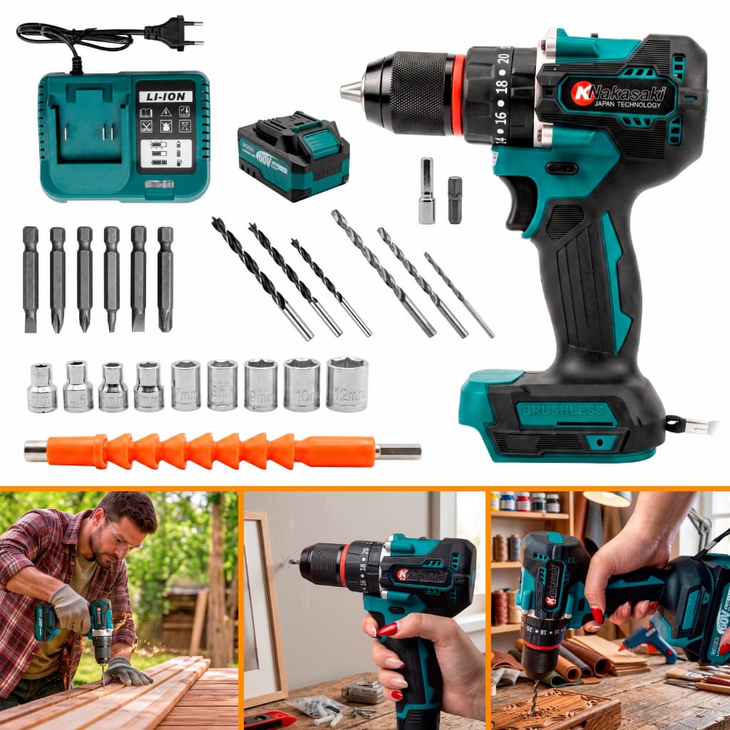 Parafusadeira Furadeira Impacto Brushless 60v Sem Fio A Bateria 55Nm 10mm Profissional Com Maleta + Acessórios