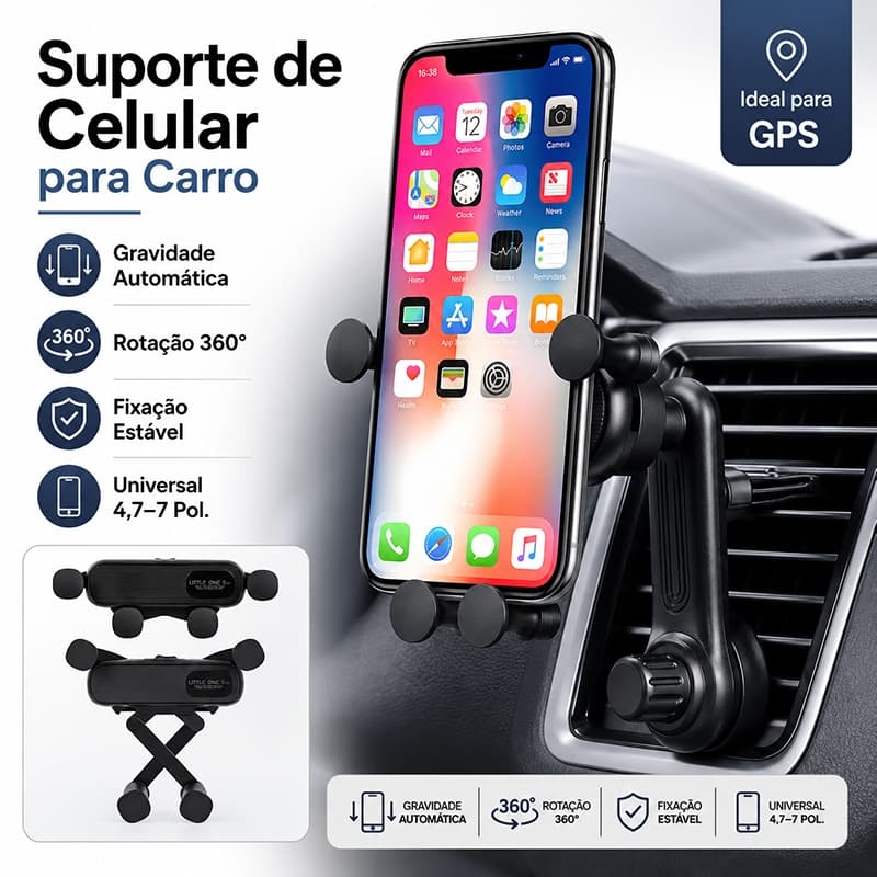 Suporte Celular Carro Automotivo Universal Saída de Ar Gravidade 360° Ajustável GPS 4,7 a 7 Pol