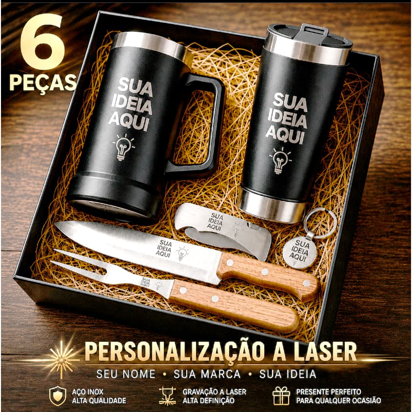 Monte seu Kit Personalizado dia dos Pais, Caneca de Chop, Kit Churrasco, Chaveiro e Canivete, Presente Premium