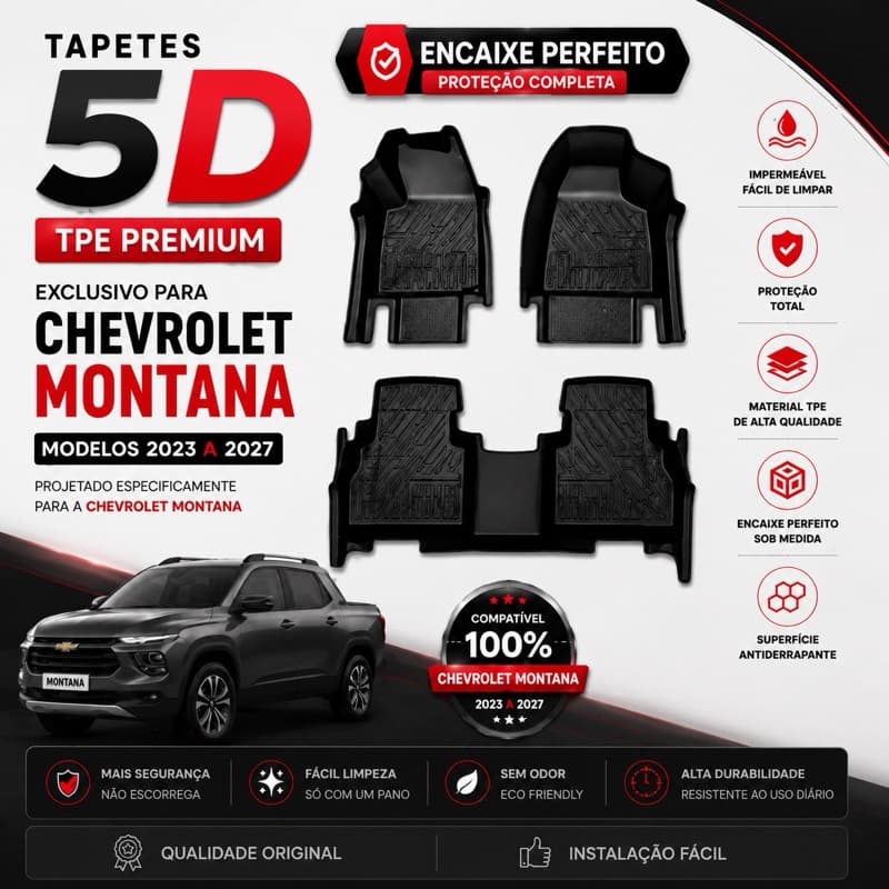 Tapete Bandeja Automotivo TPE 5D Sob Medida  CHEVROLET MONTANA (2023 A 2026) , Resistente, Lavável e Antiderrapante