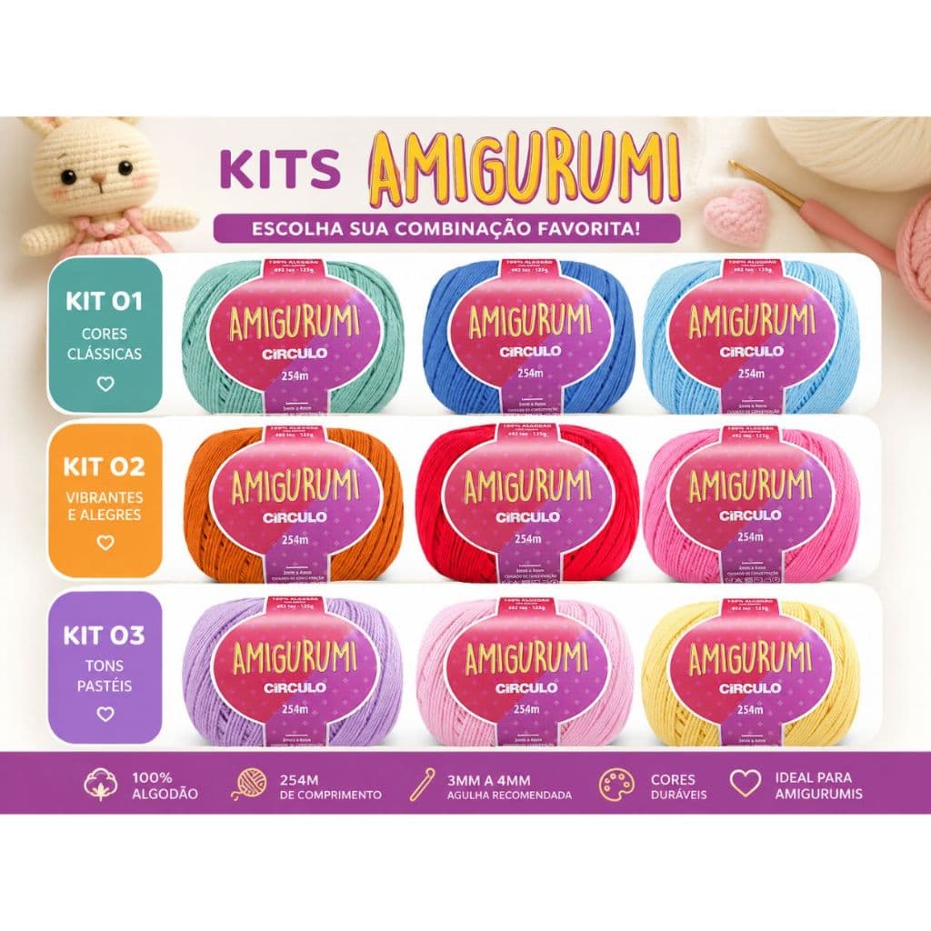 Kit com 3 unidades Fio Amigurumi Círculo 125g 254m Linha para Croche Bonecos Artesanato